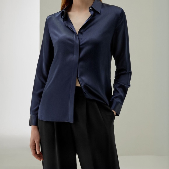 Lily Silk Tops - Fitted Navy Blue Long Sleeve Button Down Blouse